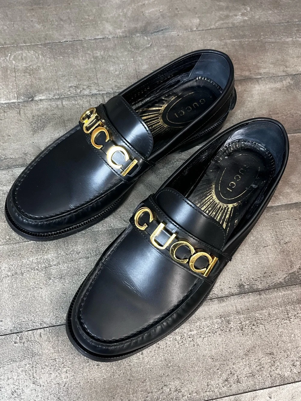 Gucci Cara Gold Logo Black Leather Men Loafers Shoes Size 9